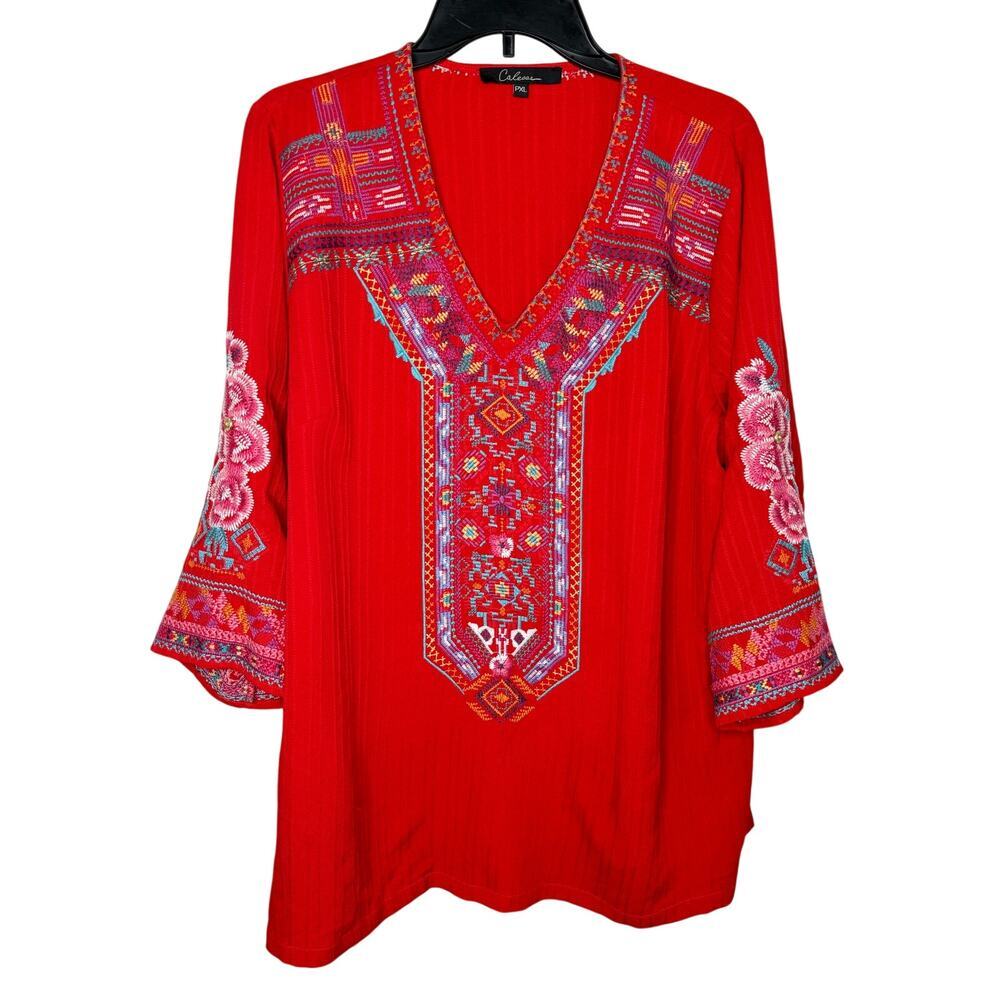 Calessa Embroidered Floral 3/4 Sleeve V-Neck Tunic Blouse Red Women's Size PXL - Picture 2 of 9